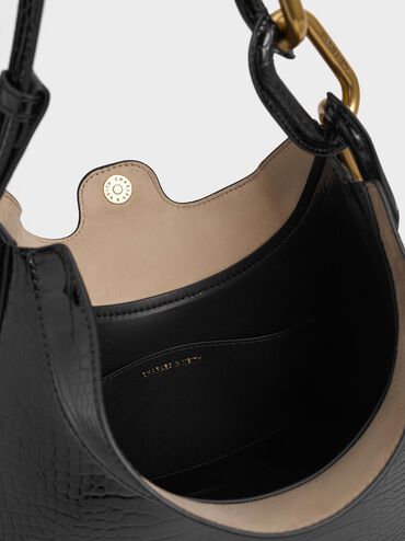 Kora Croc-Effect Metallic-Accent Moon Bag, Black, hi-res