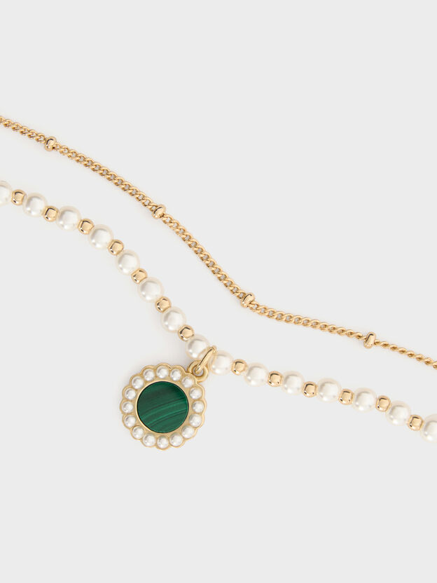 Pearl & Gemstone Double-Chain Necklace, Green, hi-res