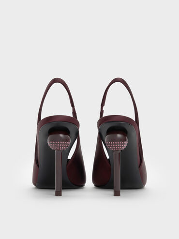 Satin Crystal-Embellished Ball-Heel Pointed-Toe Slingback Pumps, Burgundy, hi-res