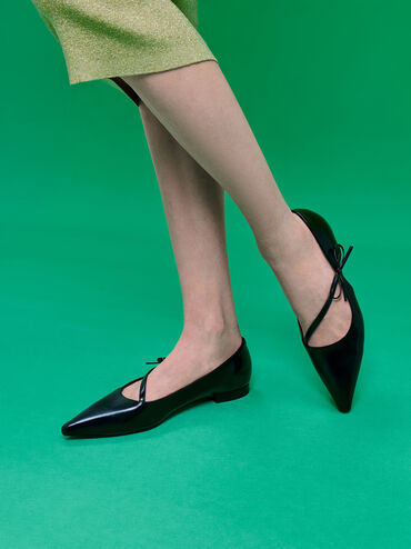 Pointed-Toe Bow-Strap Flats, Black, hi-res