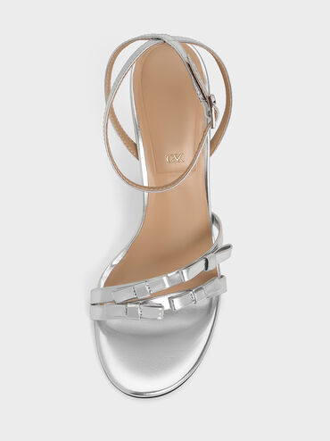 Jessy Metallic Leather Bow Ankle-Strap Stiletto-Heel Sandals, Silver, hi-res