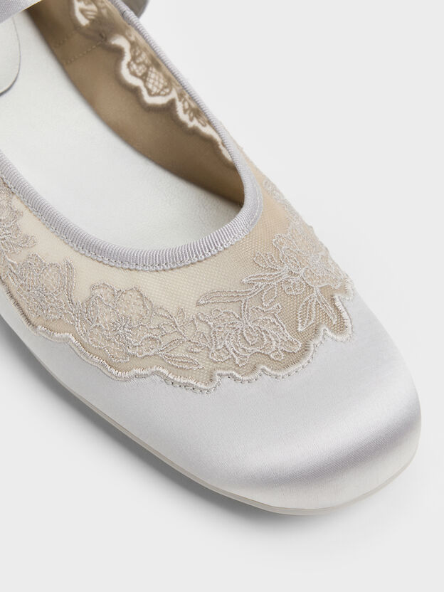 Satin Embroidered-Mesh Mary Jane Flats, Silver, hi-res