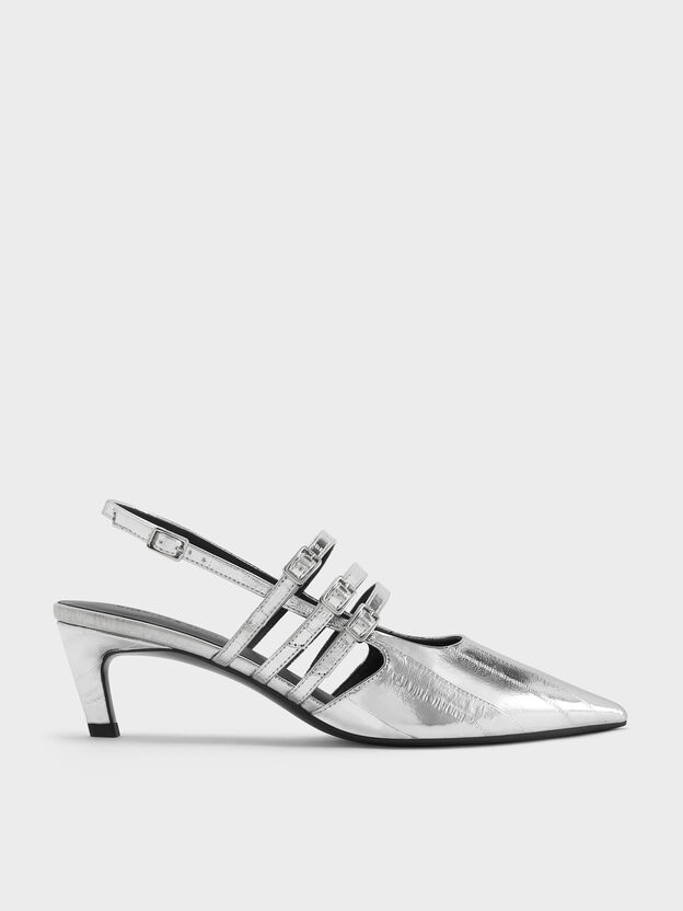 Metallic Triple-Strap Slingback Kitten Heels, Silver, hi-res