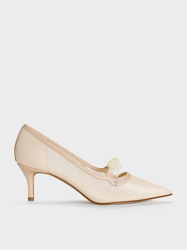 Venetia Mesh Bow Pointed Pumps, Nude, hi-res