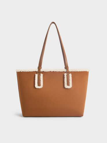 Noelle Faux Suede Fur-Trim Tote Bag, Brown, hi-res
