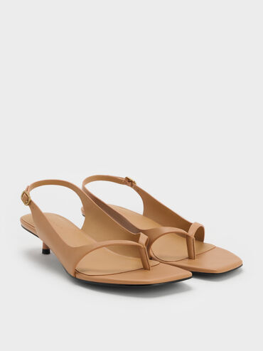 Rayne Square-Toe Kitten-Heel Thong Slingback Sandals, Cognac, hi-res