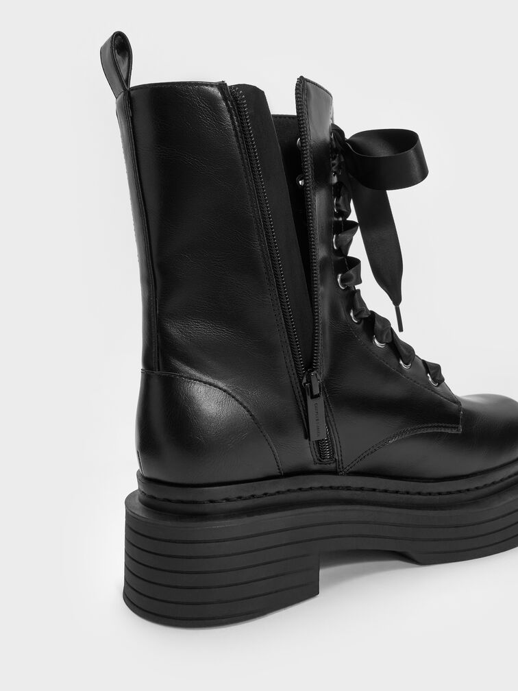 Satin-Lace Platform Combat Boots, Black, hi-res