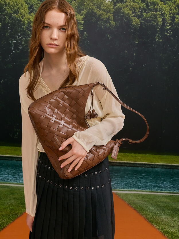 Ivette Woven Tassel Hobo Bag, Chocolate, hi-res