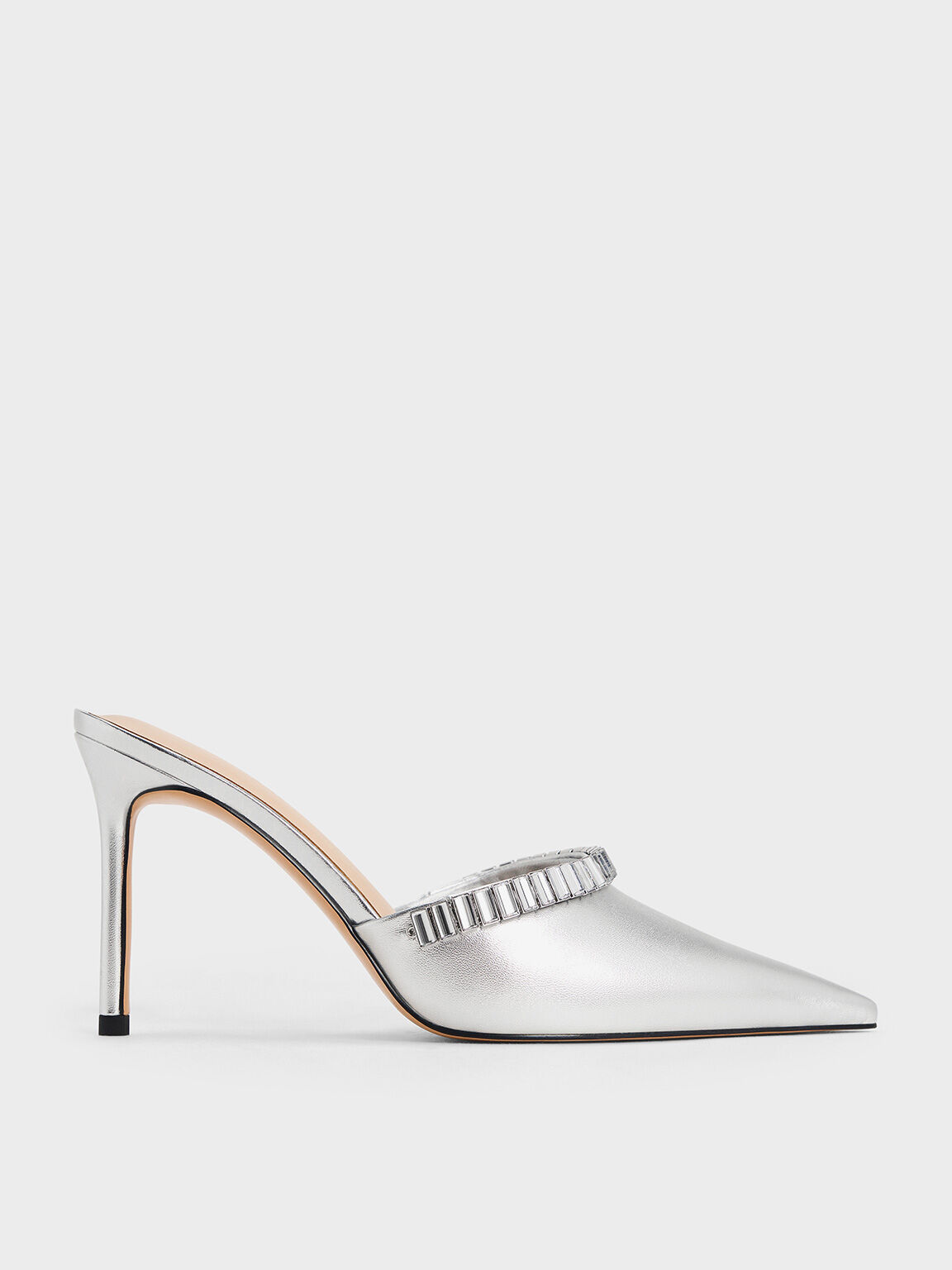 Silver Metallic Crystal-Embellished Pointed-Toe Heeled Mules