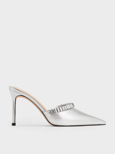 Metallic Crystal-Embellished Pointed-Toe Heeled Mules, Silver, hi-res