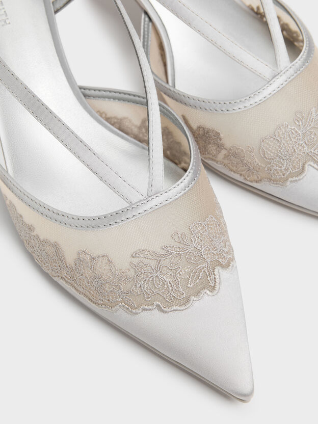 Satin Embroidered-Mesh Slingback Kitten Heels, Silver, hi-res
