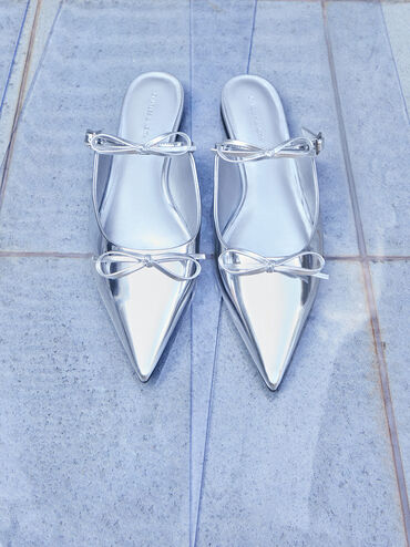 Metallic Double-Bow Pointed-Toe Mules, Silver, hi-res