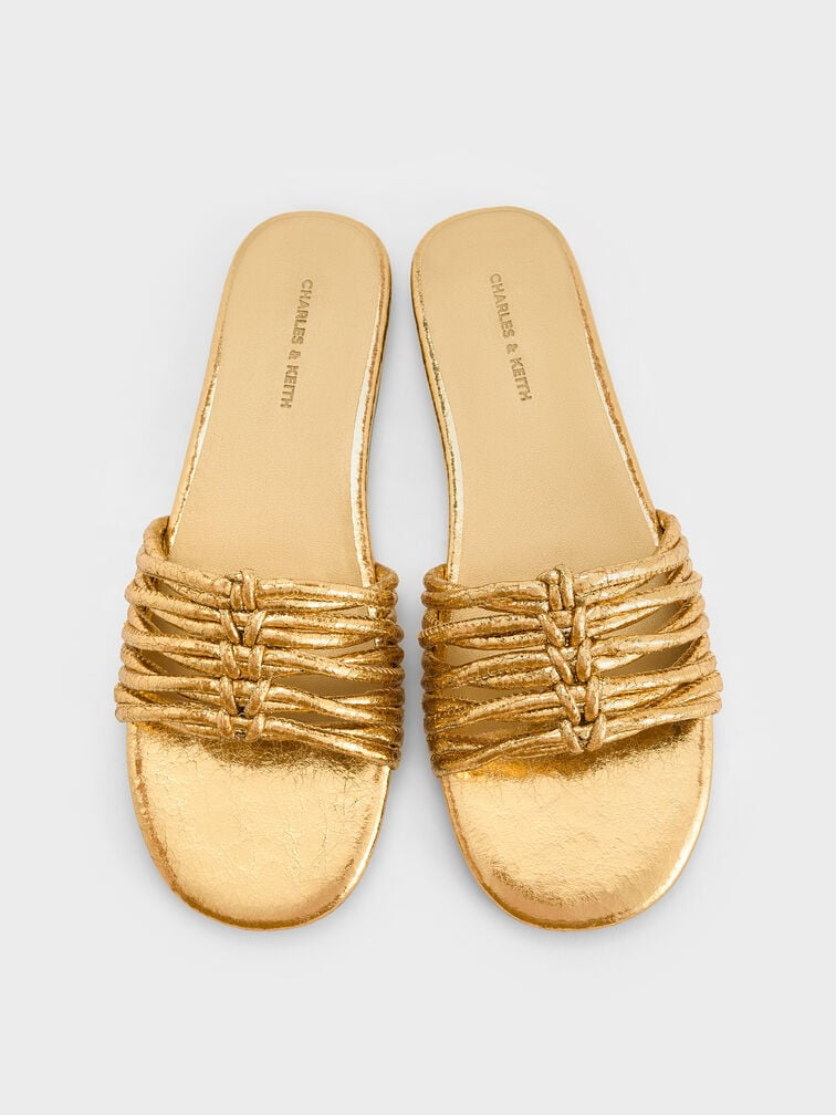 Metallic Crinkle-Effect Woven Slide Sandals, Gold, hi-res