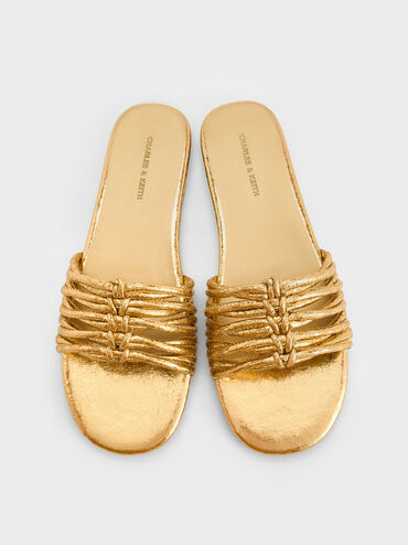 Metallic Crinkle-Effect Woven Slide Sandals, Gold, hi-res