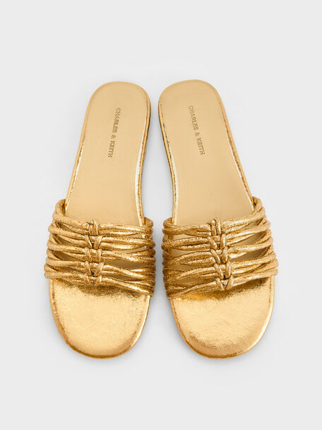 Metallic Woven Slide Sandals, Gold, hi-res