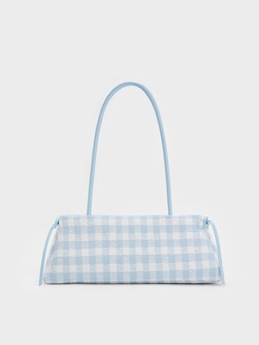 Hazel Gingham Bow Elongated Shoulder Bag, Gingham Blue, hi-res