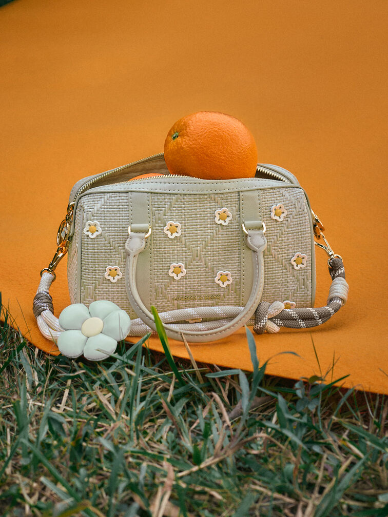 Philomena Raffia Flower Bowling Bag, Pale Olive, hi-res