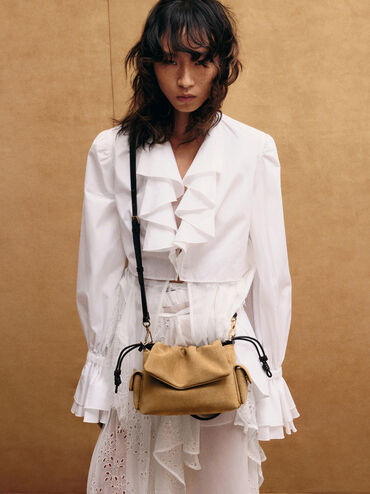 Khai Recycled Suede Ruched-Flap Side-Pocket Top Handle Bag, Sahara Sand, hi-res