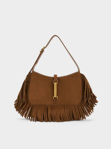 Cesia Recycled Suede Fringed Hobo Bag, Sienna Brown, hi-res