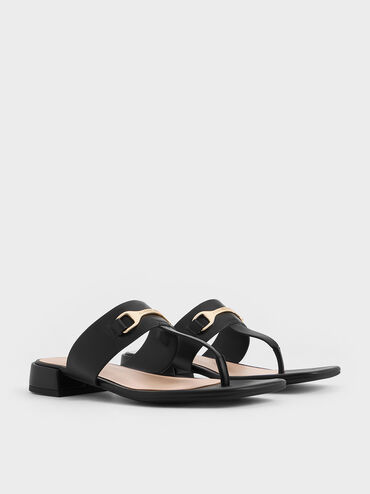 Leslie T-Bar Metallic Accent Thong Sandals, Black, hi-res
