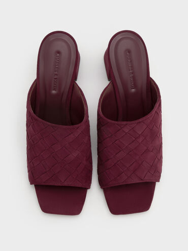 Ivette Faux Suede Woven Square-Toe Heeled Mules, Burgundy, hi-res