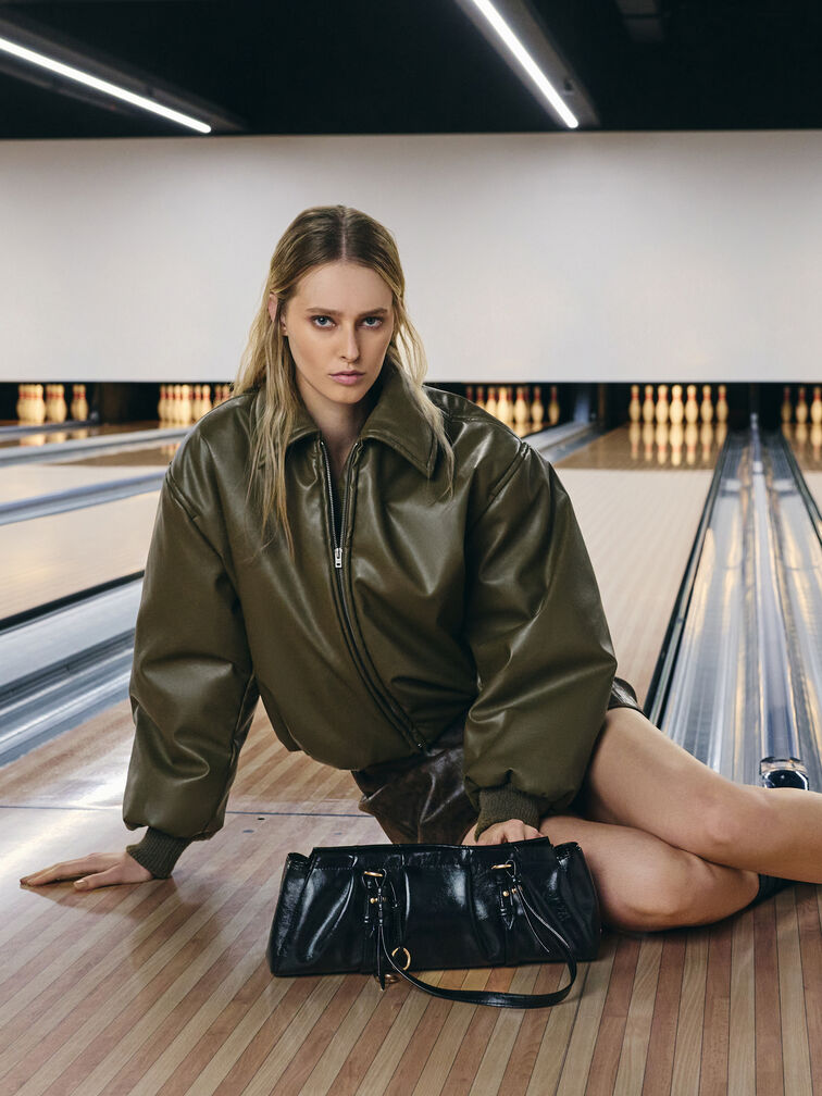 Britton Ruched Elongated Shoulder Bag, Black, hi-res