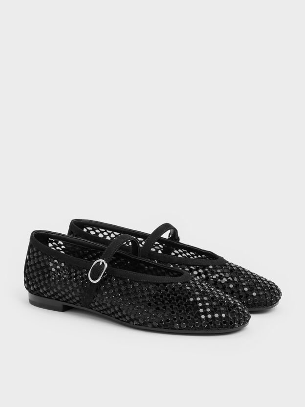 Maggie Mesh Crystal Mary Janes, Black Textured, hi-res