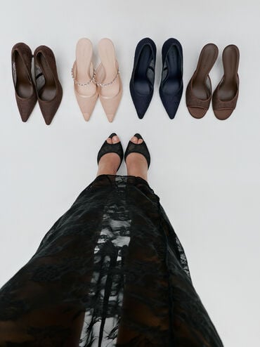 Lace & Satin Stiletto Pumps, Dark Blue, hi-res