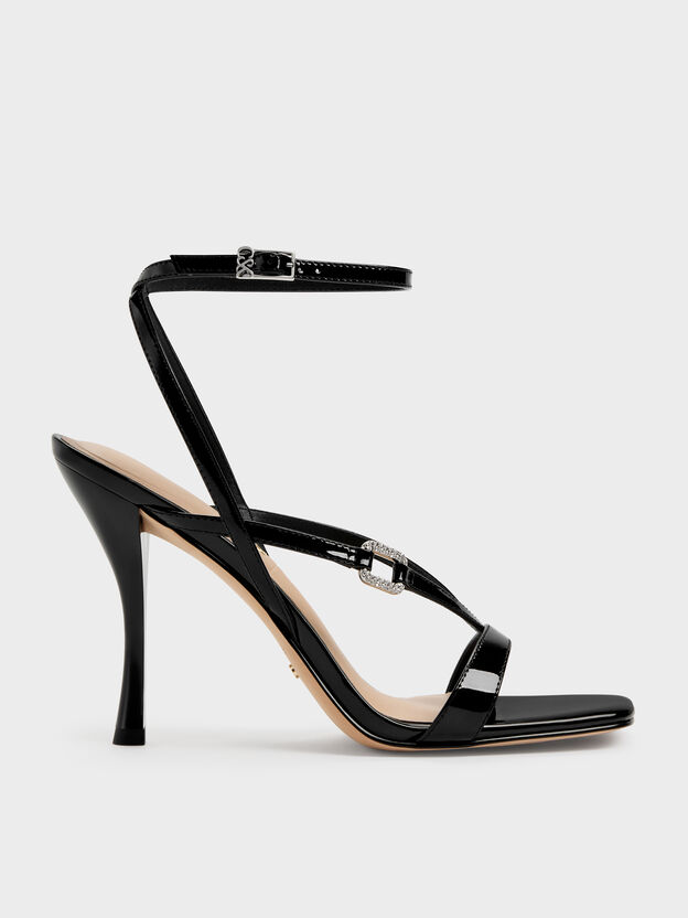 Patent Leather Crystal-Buckle Ankle-Strap Heels, Black Patent, hi-res