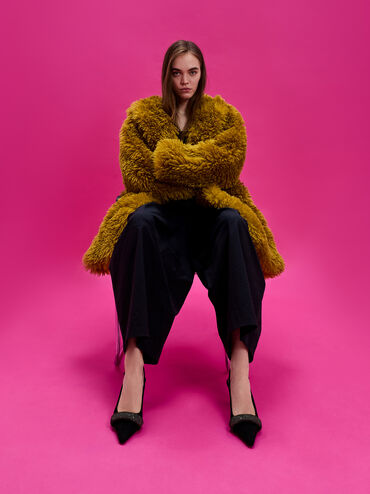 Faux Suede Crystal-Embellished Pointed-Toe Slingback Pumps, Black Textured, hi-res