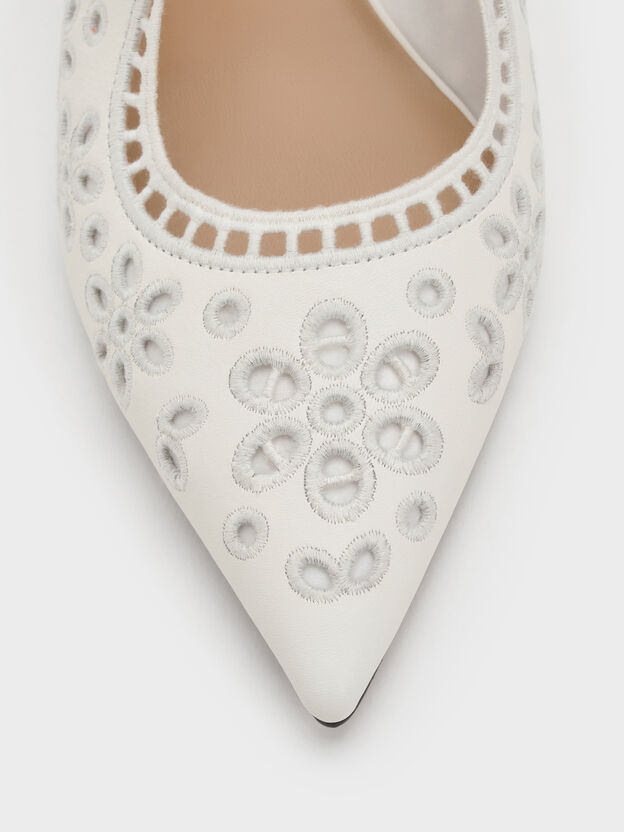 Leather Embroidered Heeled Mules, White, hi-res