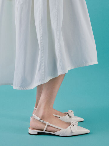 Jayce Leather Crinkle-Effect Knot-Bow Slingback Flats, White, hi-res