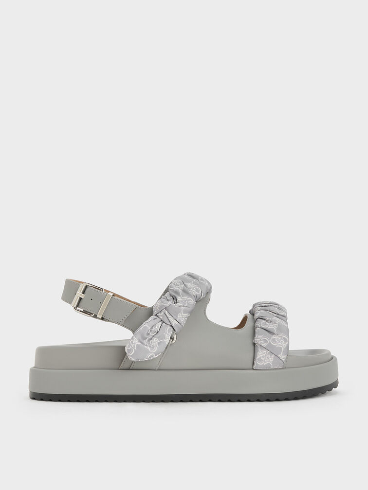 Tully Leather Ruched-Strap Sandals, Grey Tully Leather Ruched-Strap Sandals, Grey, hi-res