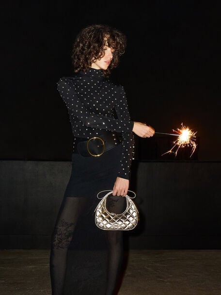 Janie Metallic Quilted Bow-Handle Bag, Champagne, hi-res