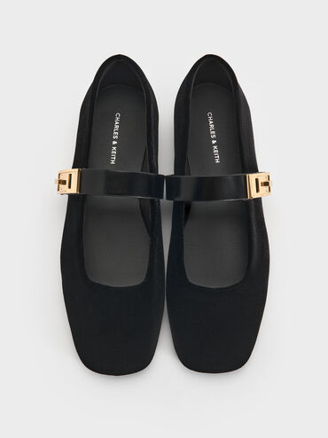 Lando Velvet Metallic-Buckle Mary Jane Flats, Black Textured, hi-res