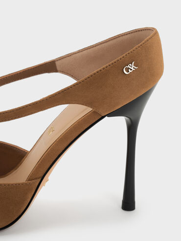 Kyra Suede Crossover-Strap Stiletto-Heel Mules, Brown, hi-res