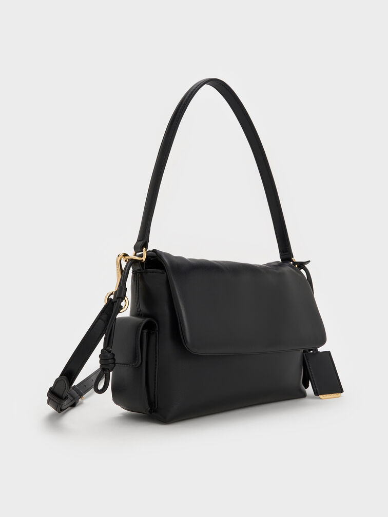 Khai Ruched-Flap Side-Pocket Top Handle Bag, Black, hi-res