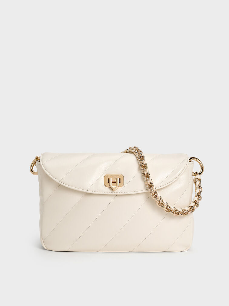 Fawn Panelled Front Flap Chain-Handle Bag, Cream, hi-res