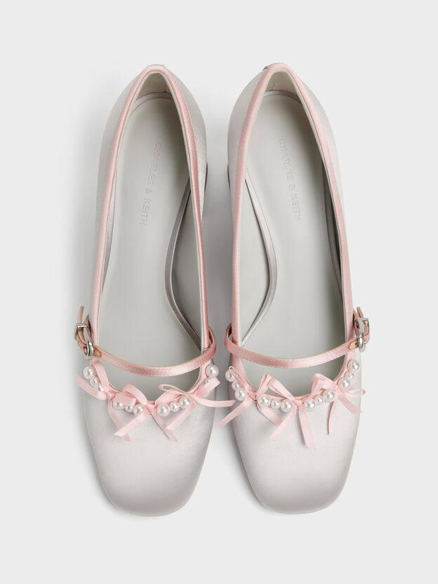 Noelie Satin Pearl-Bow Mary Jane Pumps, Silver, hi-res