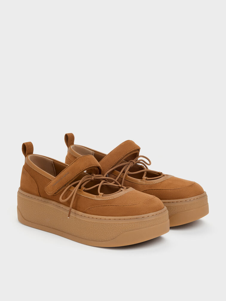 Faux Suede Mary Jane Platform Sneakers, Cognac, hi-res