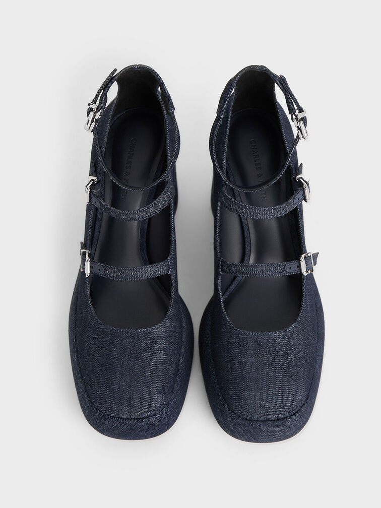 Luella Denim Triple-Strap Mary Jane Platform Pumps, Dark Blue Luella Denim Triple-Strap Mary Jane Platform Pumps, Dark Blue, hi-res