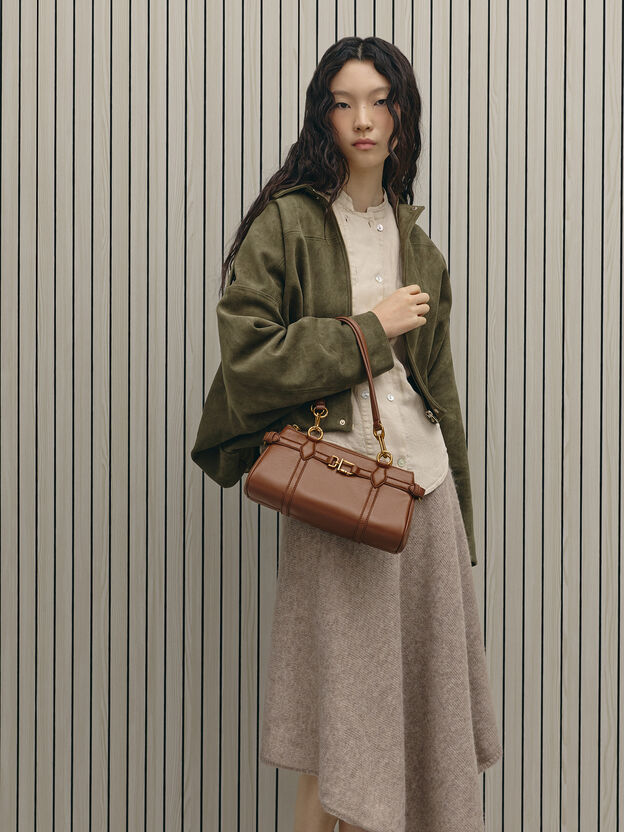 Gwynne Metallic-Accent Elongated Shoulder Bag, Chocolate, hi-res