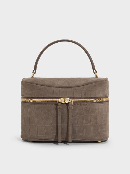 Pansy Croc-Effect Vanity Bag, Stone Grey, hi-res