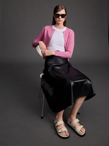 Gabine Gold-Buckle Leather Slides, Chalk, hi-res