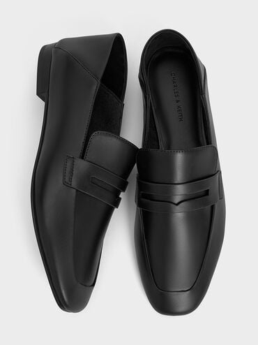Almond-Toe Penny Loafers, Black, hi-res