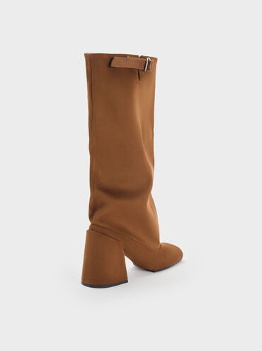 Robbie Faux Suede Side-Buckle Block-Heel Knee-High Boots, Brown, hi-res