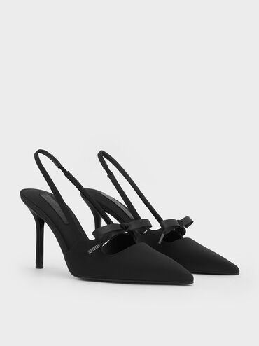 Satin Bow Pointed-Toe Slingback Pumps, Black Textured, hi-res