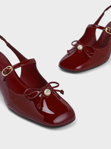 Patent Bow Crystal-Pearl Slingback Mary Jane Pumps, Burgundy, hi-res