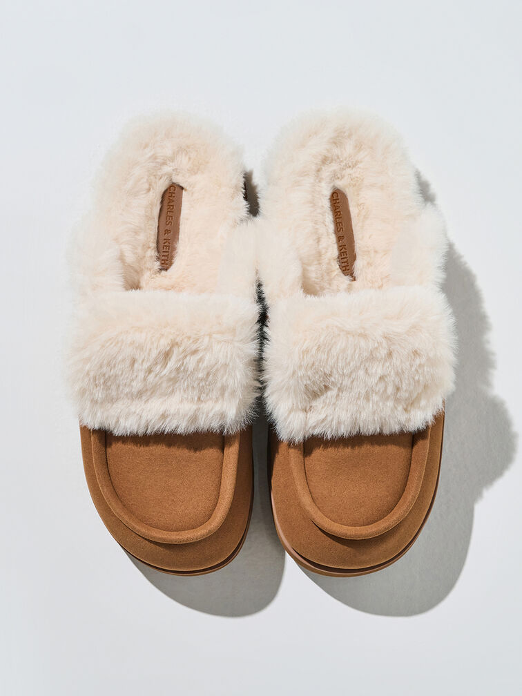Textured Fur-Trim Flatform Mules, Brown, hi-res