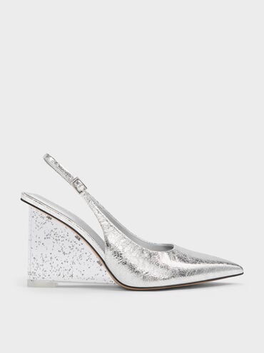 Metallic Crinkle-Effect Speckled-Heel Slingback Wedges, Silver, hi-res